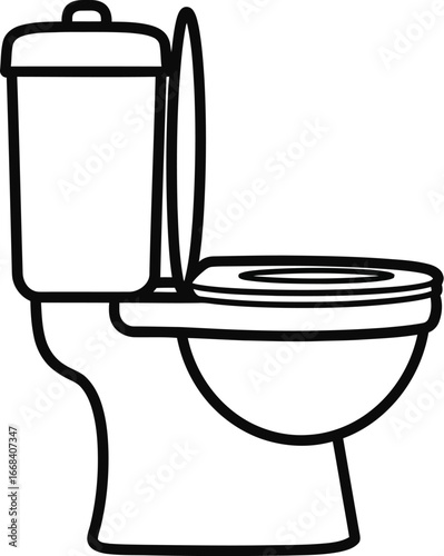 Clean white toilet with open lid and seat, simple line drawing.