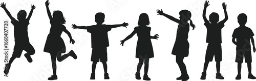 Silhouettes of happy children jumping and playing, group of kids having fun, childhood joy, outdoor activity, energy, friendship, carefree moments, summer playtime
