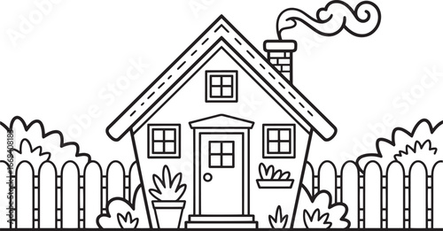 Charming Cottage Illustration with Fence and Chimney Smoke in Black and White Outline Style
