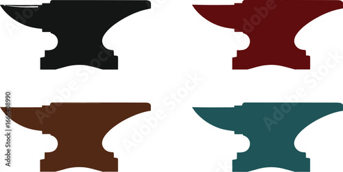 Four anvil silhouettes in different colors, symbolizing craftsmanship and industry