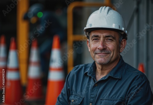 Road maintenance depot aide standing confidently near a cone rack and barrier rail