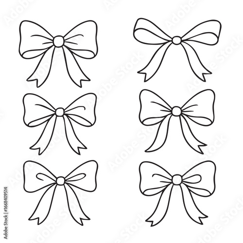 Cute coquette bow outline set hand drawn doodle ribbon vector illustration isolated on white