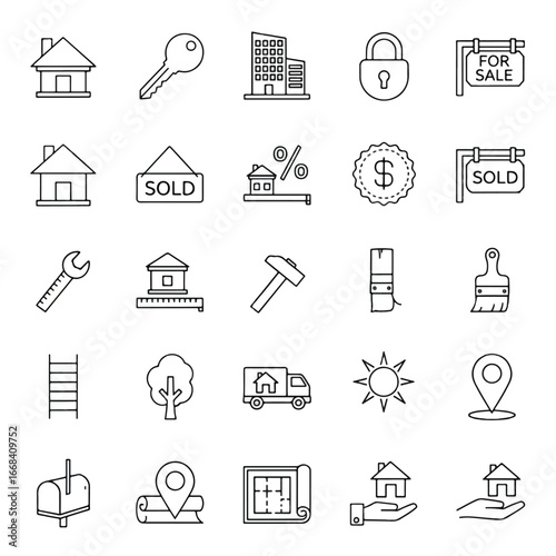 Real estate and home improvement line icons;  symbols for buying, selling, and renovating houses.