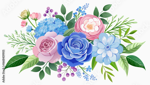 Vector art of beautiful floral bouquet with roses, hydrangeas, and leaves for wedding or decoration purposes