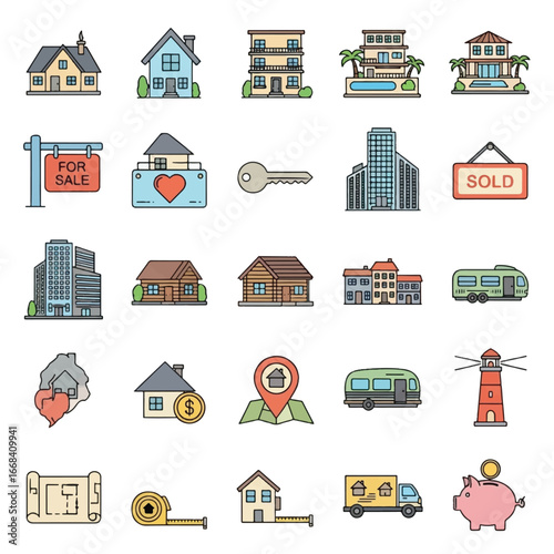 Collection of colorful icons depicting various residential and commercial properties, real estate symbols, and transportation.