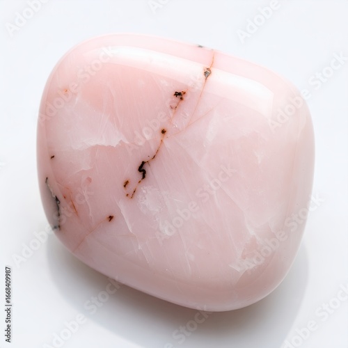 Smooth polished pink opal stone displaying natural inclusions and luster on white background