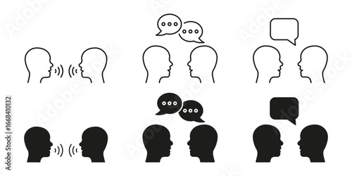 Two People Communicating Line And Solid Icon Set. Conversation, Dialogue, And Interaction Symbol Collection. Speech Bubbles And Sound Waves. Isolated Vector Illustration