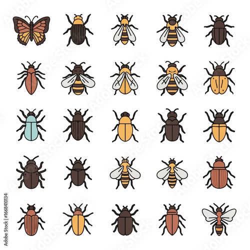 Collection of diverse insect illustrations, featuring beetles, bees, and butterflies in a flat design style.