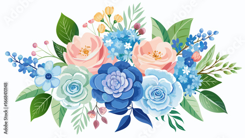 Vector art of elegant floral arrangement featuring roses, hydrangeas, and greenery, perfect for wedding invitations