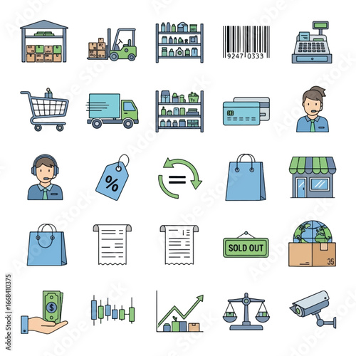 Collection of illustrated icons depicting various aspects of retail and commerce, including shopping and financial transactions.