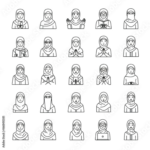 A collection of stylized line art illustrations depicting women wearing hijabs and various expressions.
