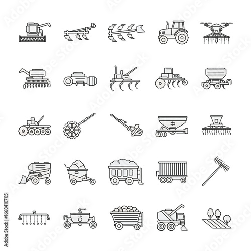 Collection of outlined agricultural machinery and equipment, various types and functions.