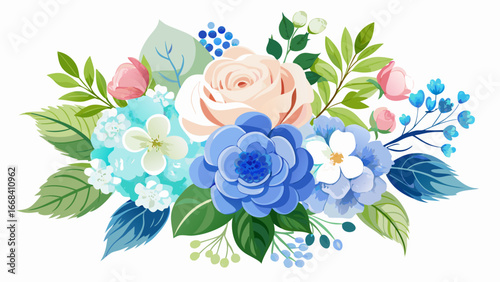 Vector art of watercolor floral bouquet with roses, hydrangea and leaves for wedding invitations, greeting cards and other projects