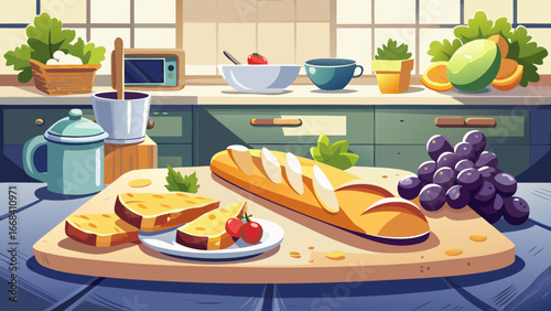 A moment of indulgence baguette slices with brie cheese and glistening grapes on a minimalistic kitchen table