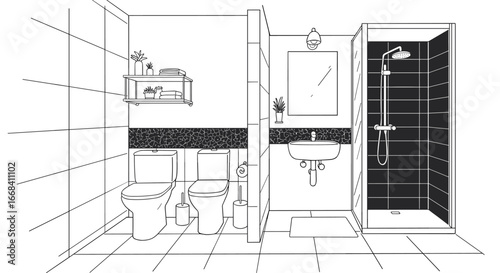 Bathroom graphic home interior black white sketch illustration vector.