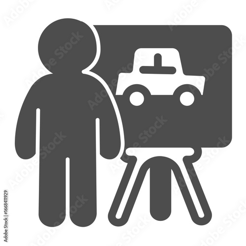 Lecturer man at driving course solid icon, driver license concept. Vector graphics. Man and car on whiteboard with tripod sign on white background, glyph style icon of mobile or web design.