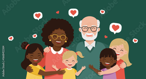 Illustration of diverse family with grandparents and grandchildren surrounded by hearts on green background