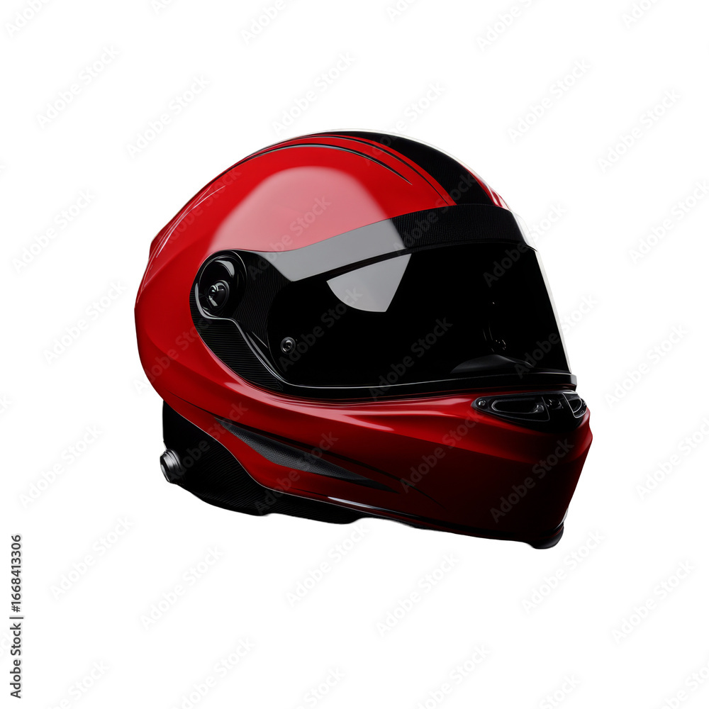 Fototapeta premium Sleek red motorcycle helmet with glossy black visor on a black background