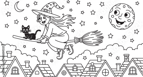 Whimsical Witch and Cat Flying on Broomstick Over Town with Moon Stars Coloring Page Art