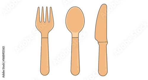 Wooden cutlery set fork spoon knife kitchen utensil dining eating tableware restaurant equipment design on transparent background