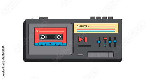 Vintage cassette player tape deck audio music device retro technology sound recording equipment on transparent background