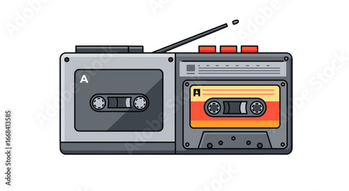 Retro cassette player vintage audio tape recorder music device portable stereo system entertainment analog media on transparent background