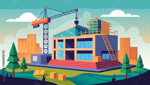Vector art of construction site with crane and building under construction, city skyline in the background, flat isometric illustration of real estate development