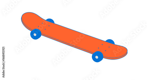 Orange skateboard illustration with blue wheels for skateboarding sport and recreation fun activity on transparent background
