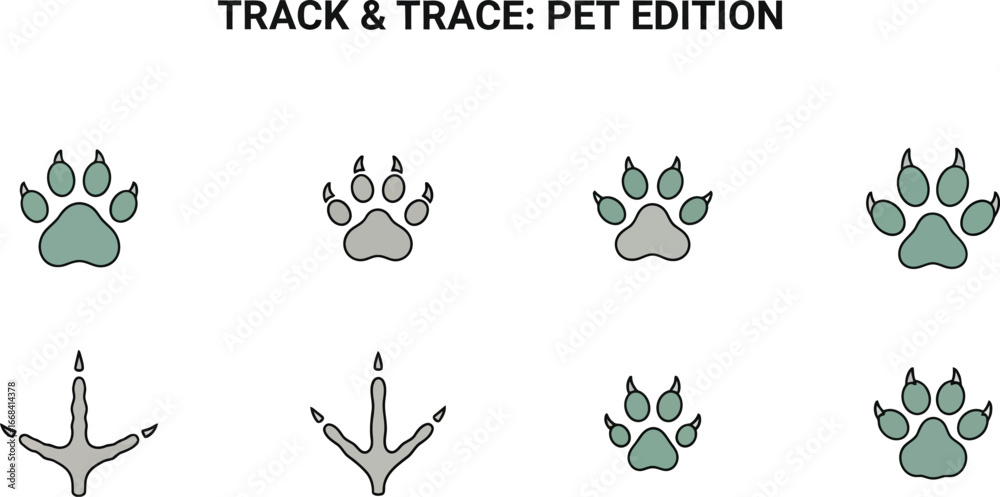Fototapeta premium “Track & Trace: Pet Edition” icon set—12 modular animal footprints with movement types for educational UX, wildlife tracking, and gamified pet interfaces