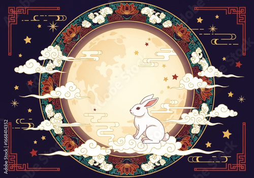 A rabbit sitting on clouds in front of a full moon with stars and lotus flower decorations around it