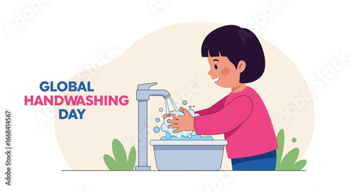 Illustration of a child washing hands with soap under a tap for global handwashing day promotion
