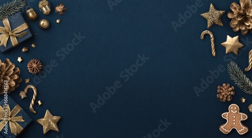 Fototapeta Naklejka Na Ścianę i Meble -  Navy blue background with gold and brown Christmas decorations arranged along the left and right edges, leaving a large central empty space