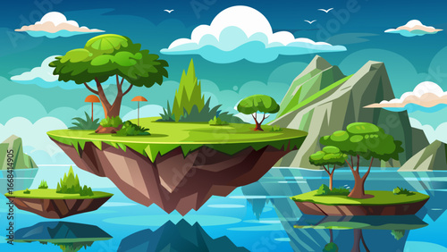 Vector art of cartoon floating island landscape with green trees, mountains, and blue sky, a serene and idyllic nature scene for travel and adventure