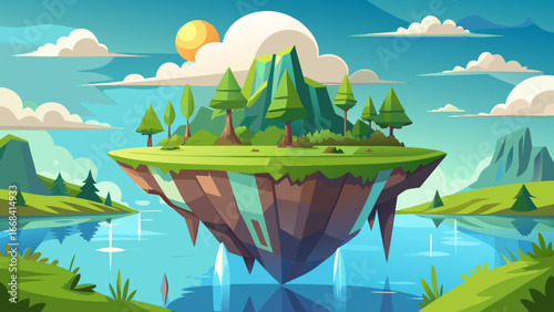Vector art of cartoon floating island landscape with green trees, mountains, and blue sky, a serene and idyllic nature scene for travel and adventure