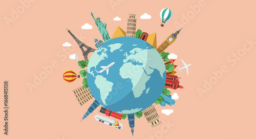 World globe surrounded by famous landmarks and airplanes on a light orange background color scheme