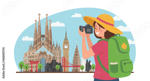 Woman taking photos of world landmarks with barcelona sagrada familia and london big ben in background