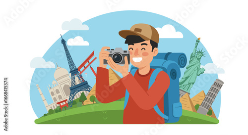 Cartoon traveler with backpack taking pictures of world landmarks on a green hill under blue sky
