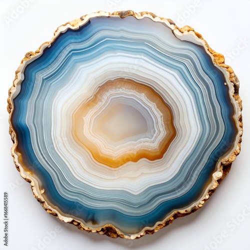 Translucent blue agate slice showcasing concentric banding patterns, natural art on white background
