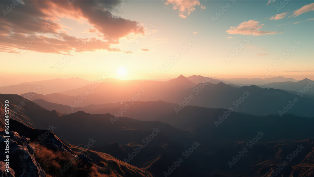 Fototapeta premium Layered mountain ranges at sunset with a vibrant sky and warm glow, producing a dramatic yet peaceful landscape view.