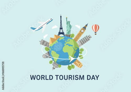 World tourism day celebration featuring landmarks and a plane circling the globe illustration