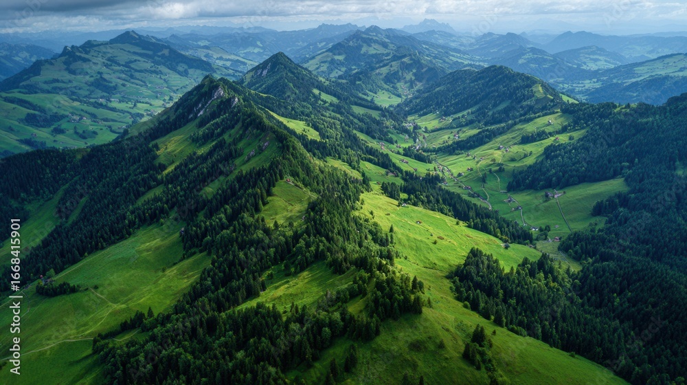 Fototapeta premium Aerial view of lush green hills and mountains in Appenzell region of Switzerland on a cloudy day during summer