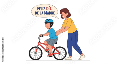 A mother helps her child learn to ride a bicycle, a heartwarming scene conveying the celebration of Mother's Day.