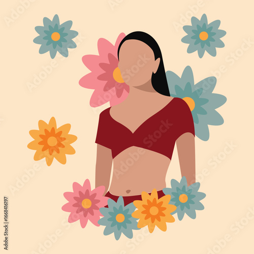Vector illustration of a young beautiful woman adorned with flowers. Elegant and feminine design with soft details, symbolizing beauty, nature, and grace. Perfect for fashion, cosmetics, wellness.