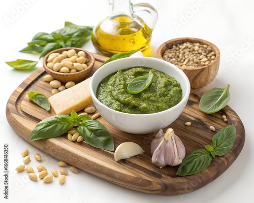 Wooden board with bowl of delicious pesto sauce, ingredients and scoop on white background
