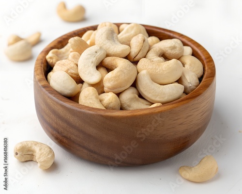 A wooden bowl filled with cashew nuts on white background
