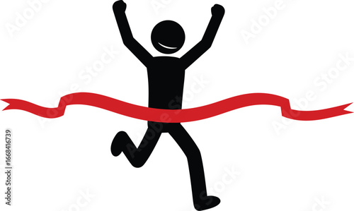 Joyful stick figure crosses finish line with arms raised in victory