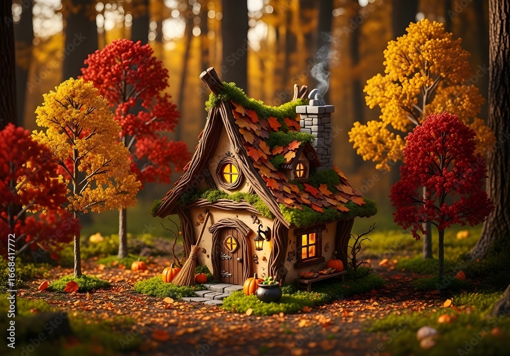 Fototapeta premium Miniature Witch’s Cottage in Autumn Forest: Enchanted Halloween Scene