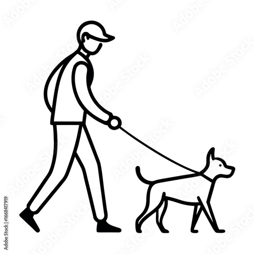 Walking the Dog A Simple Line Illustration of Man and Canine Companion