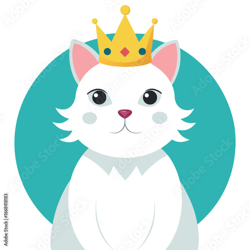 Majestic White Cat Adorned with a Golden Crown, A Royal Feline Portrait