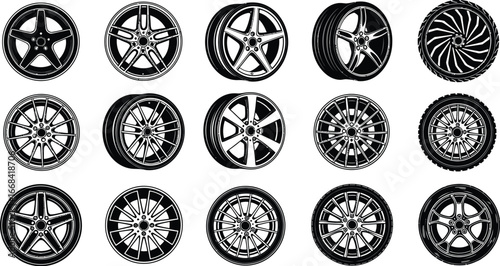 Collection of diverse car wheel designs, showcasing various styles and patterns.